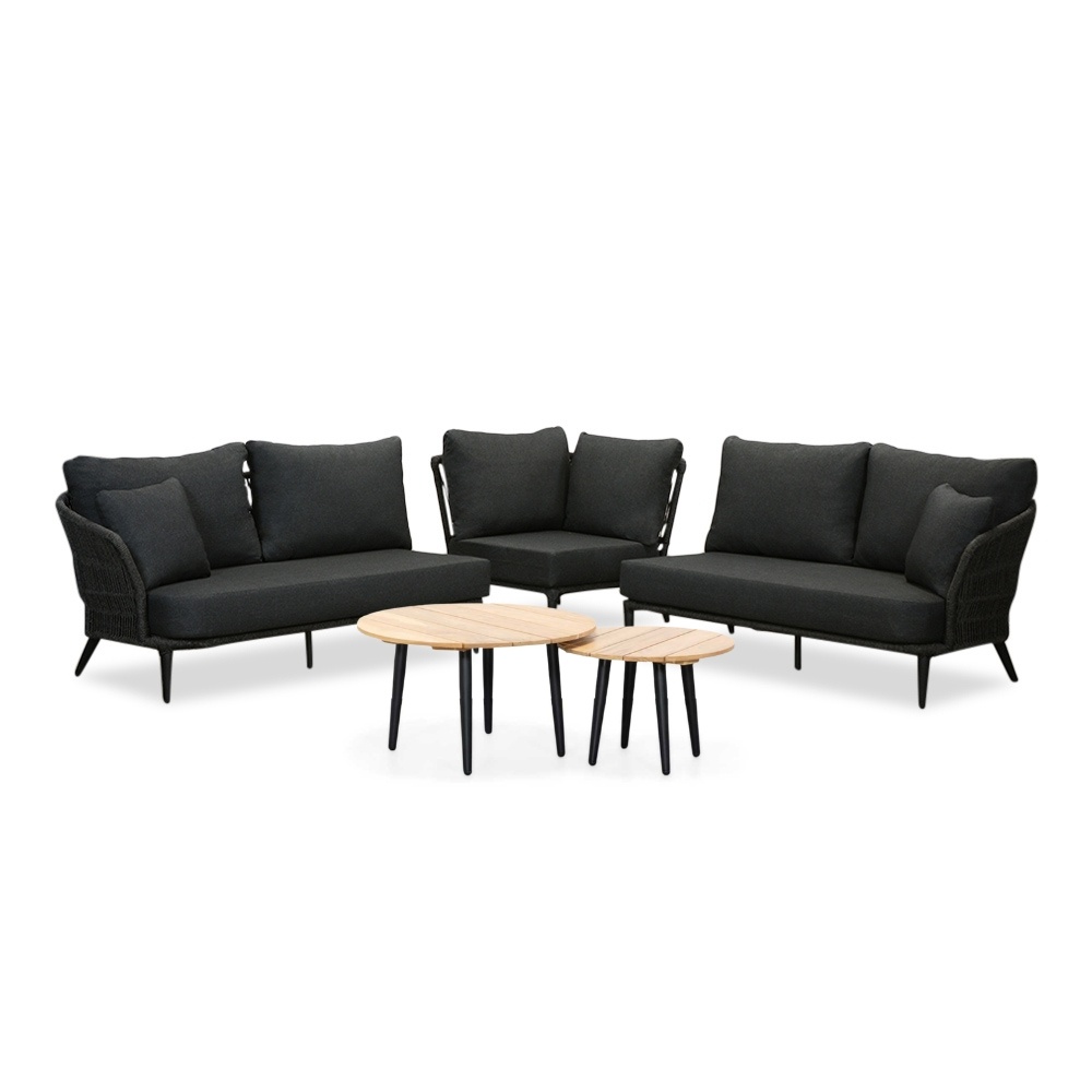 Palermo hoek loungeset met teak tafels 5 personen | aluminium + touw | Lava Grey | 6-delig