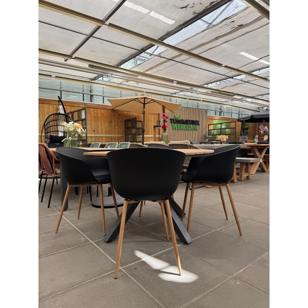 Rikki dining tuinstoel set van 4 | kunststof | zwart + houtlook