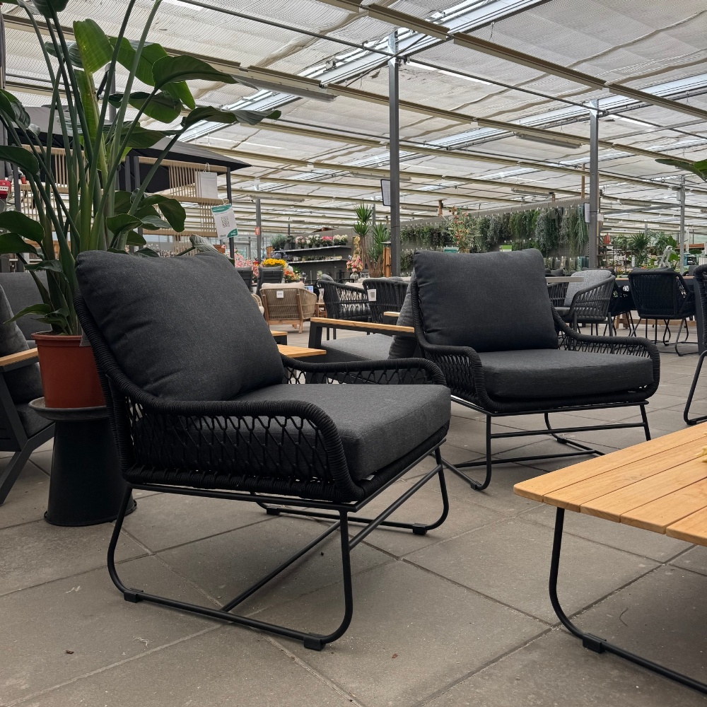 Portofino stoel-bank loungeset 5 personen | aluminium + teakhout | zwart | 4-delig