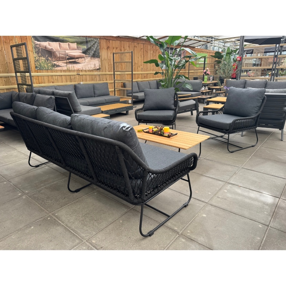 Portofino stoel-bank loungeset 5 personen | aluminium + teakhout | zwart | 4-delig