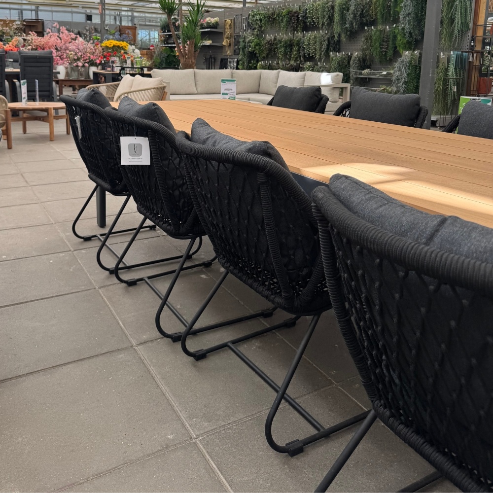 Vigo/Portofino zwart dining tuinset | 6 personen | teakhout + touw | 260cm