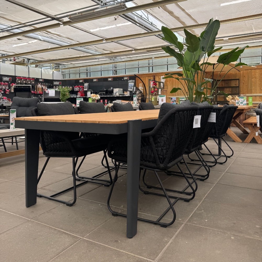 Vigo/Portofino zwart dining tuinset | 4 personen | teakhout + touw | 200cm