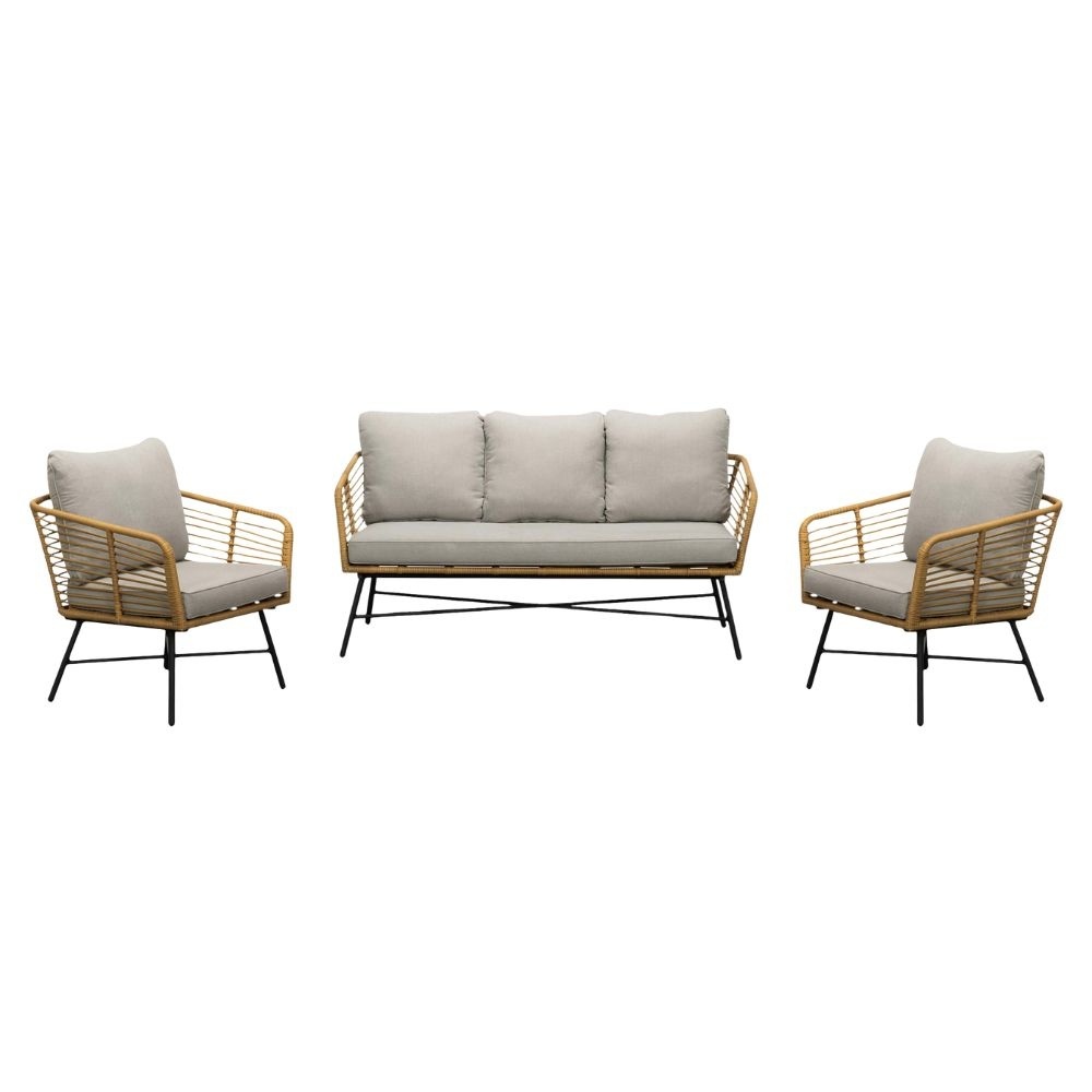 BUITEN living Flow stoel-bank loungeset 5 personen | wicker + teakhout | Bamboo taupe | 3-delig – Taupe – Naturel – Bruin