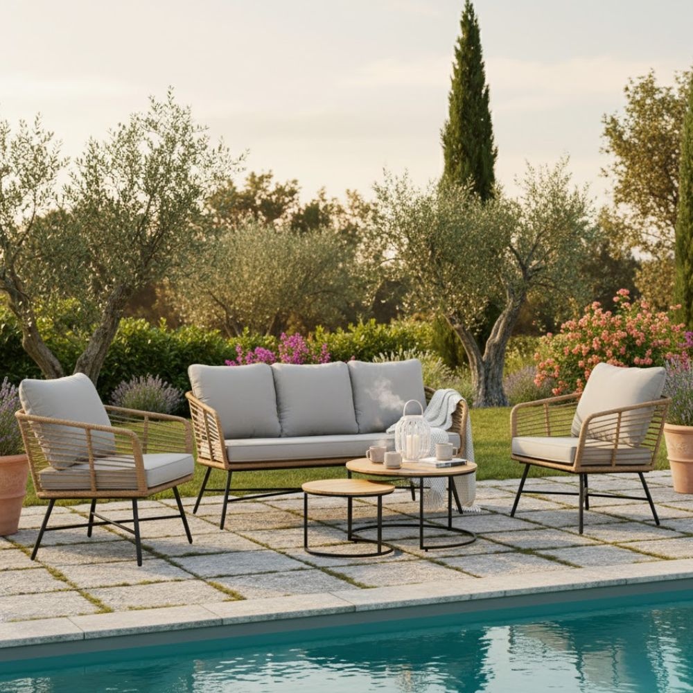 Flow/Aurora stoel-bank loungeset 5 personen | wicker + teakhout | Bamboo taupe | 5-delig