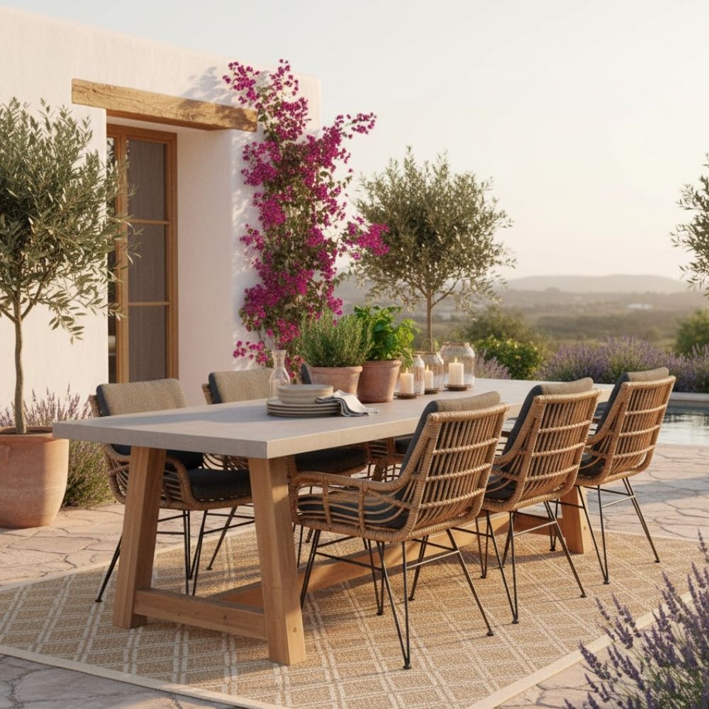 Veltis/Carlos antraciet dining tuinset | 6 personen | betonlook + wicker | 250cm