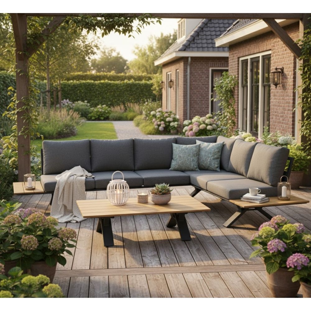 Genova hoek loungeset 6 personen | aluminium + polywood | antraciet | 3-delig - 308x234cm