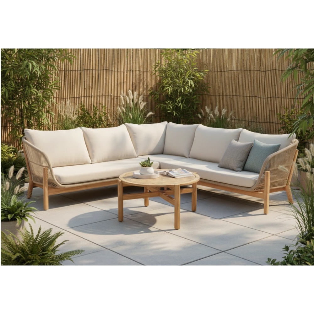 Braga hoek loungeset 5 personen | touw + hardhout | zand | 4-delig - 235x235cm