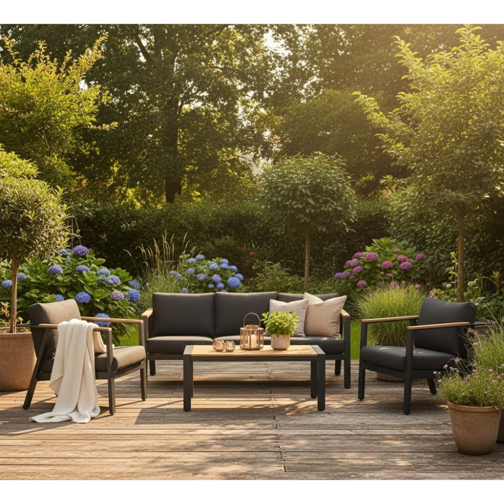 Gerona stoel-bank loungeset 5 personen | aluminium + teakhout | antraciet | 4-delig