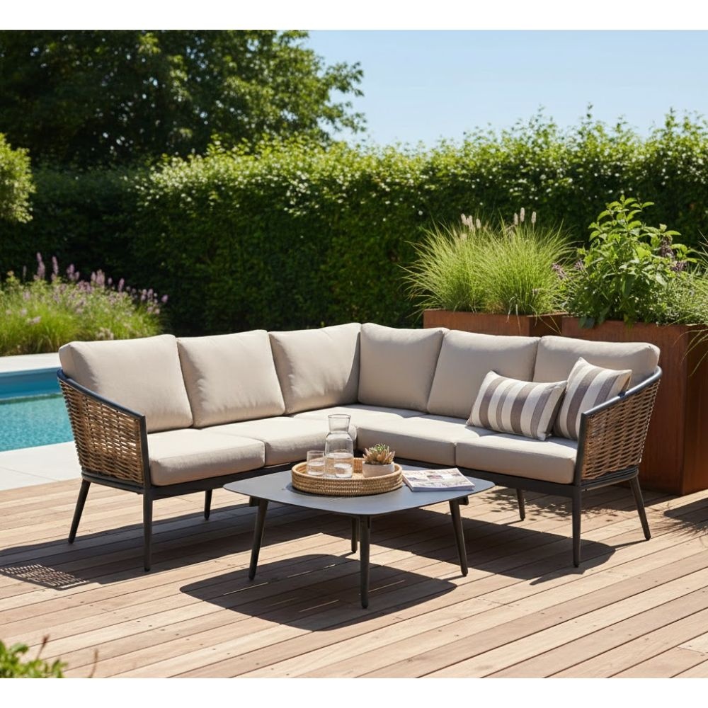 Lucca hoek loungeset 5 personen | wicker + aluminium | zand | 3-delig - 196x196cm