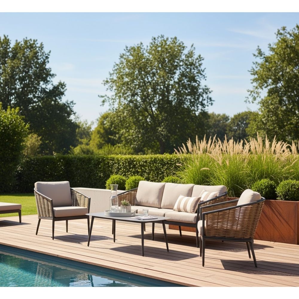 Lucca stoel-bank loungeset 5 personen | wicker + aluminium | zand | 4-delig