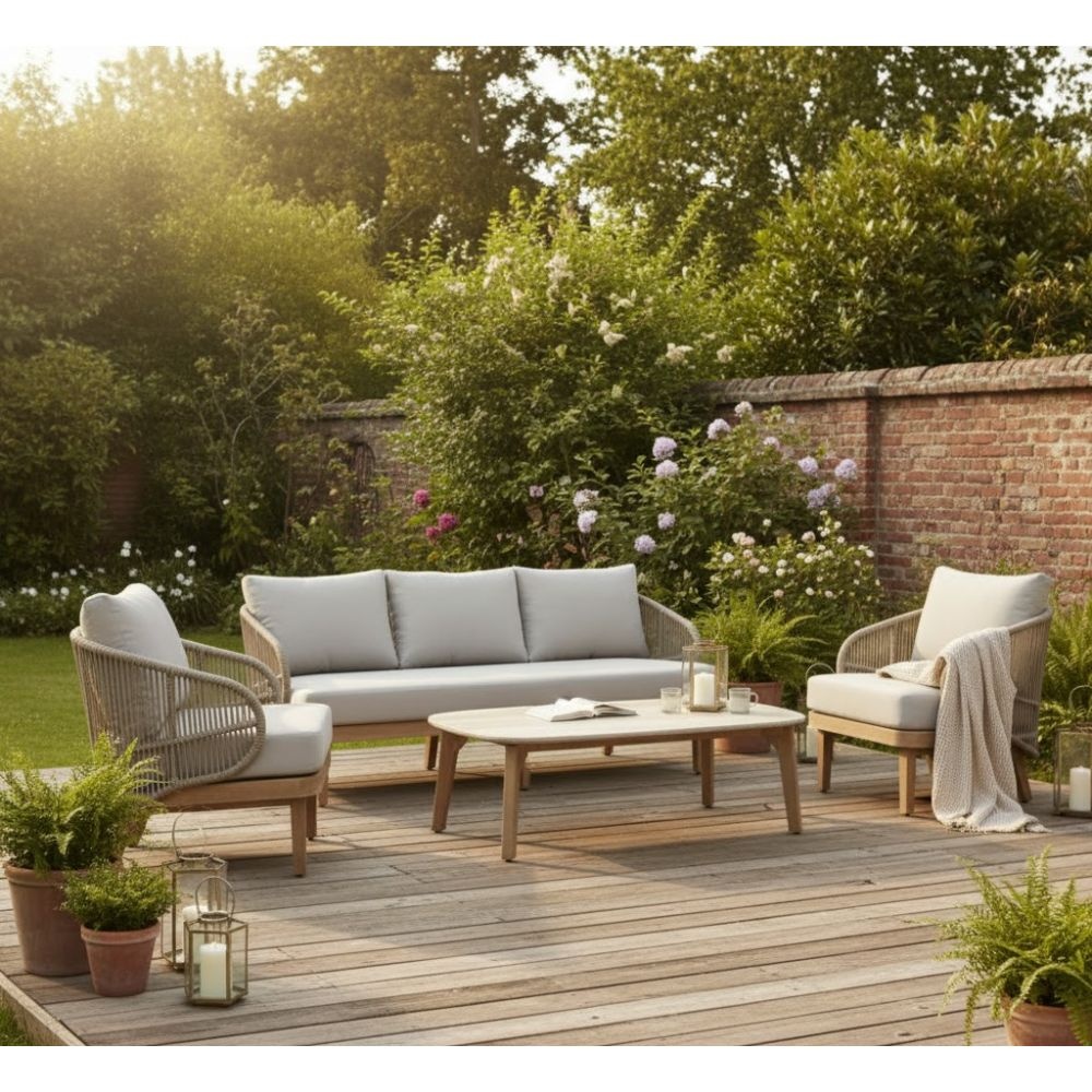 Matera stoel-bank loungeset 5 personen | eucalyptus + touw | zand/Light Teaklook | 4-delig