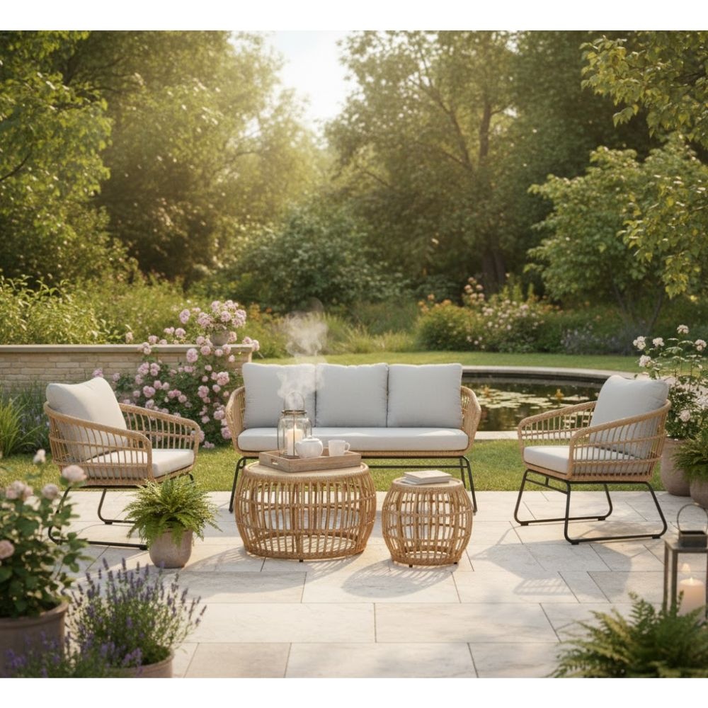 Arturo stoel-bank loungeset 5 personen | wicker + teakhout | Bamboo taupe | 5-delig