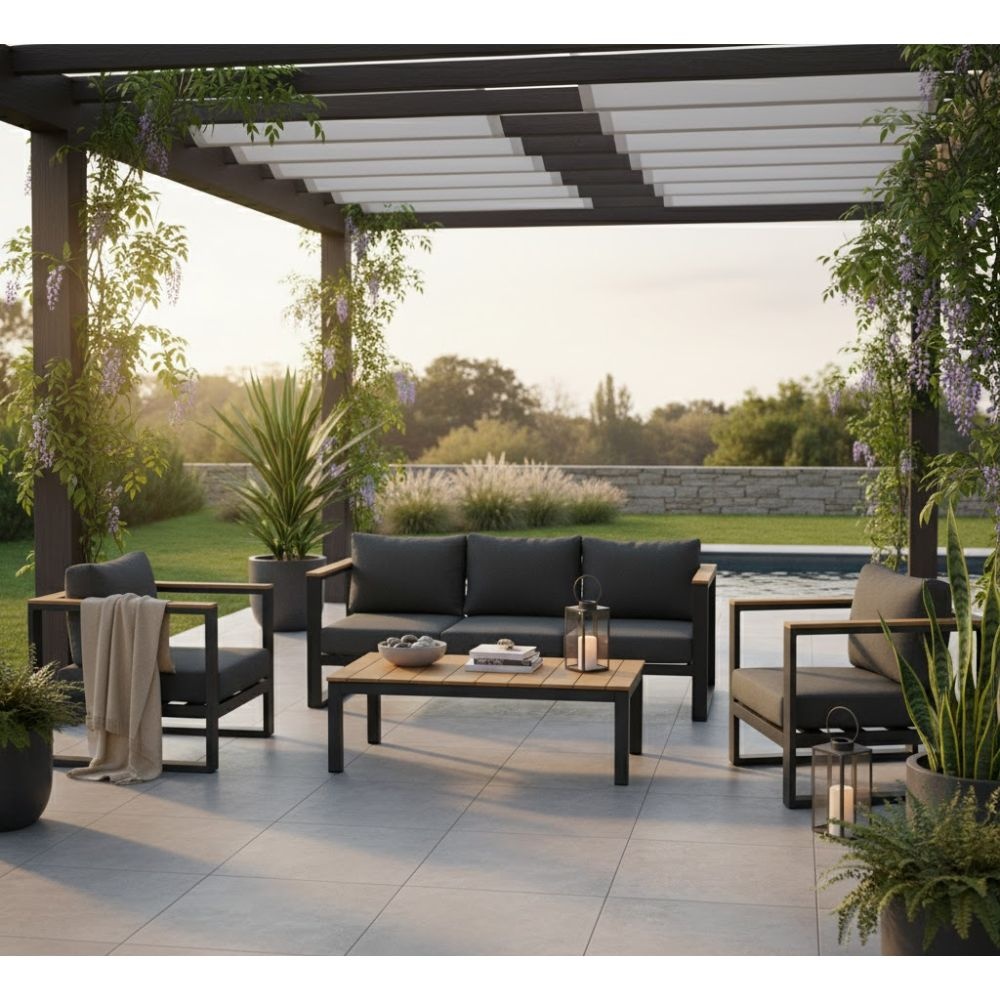 Nebraska stoel-bank loungeset 5 personen | aluminium + polywood | antraciet | 5-delig