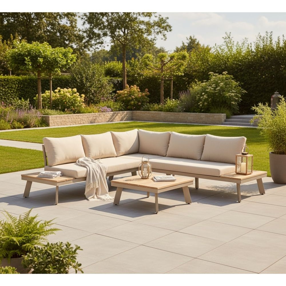 New York hoek loungeset 5 personen | aluminium + hardhout | beige/Light Teaklook | 4-delig - 248x248cm