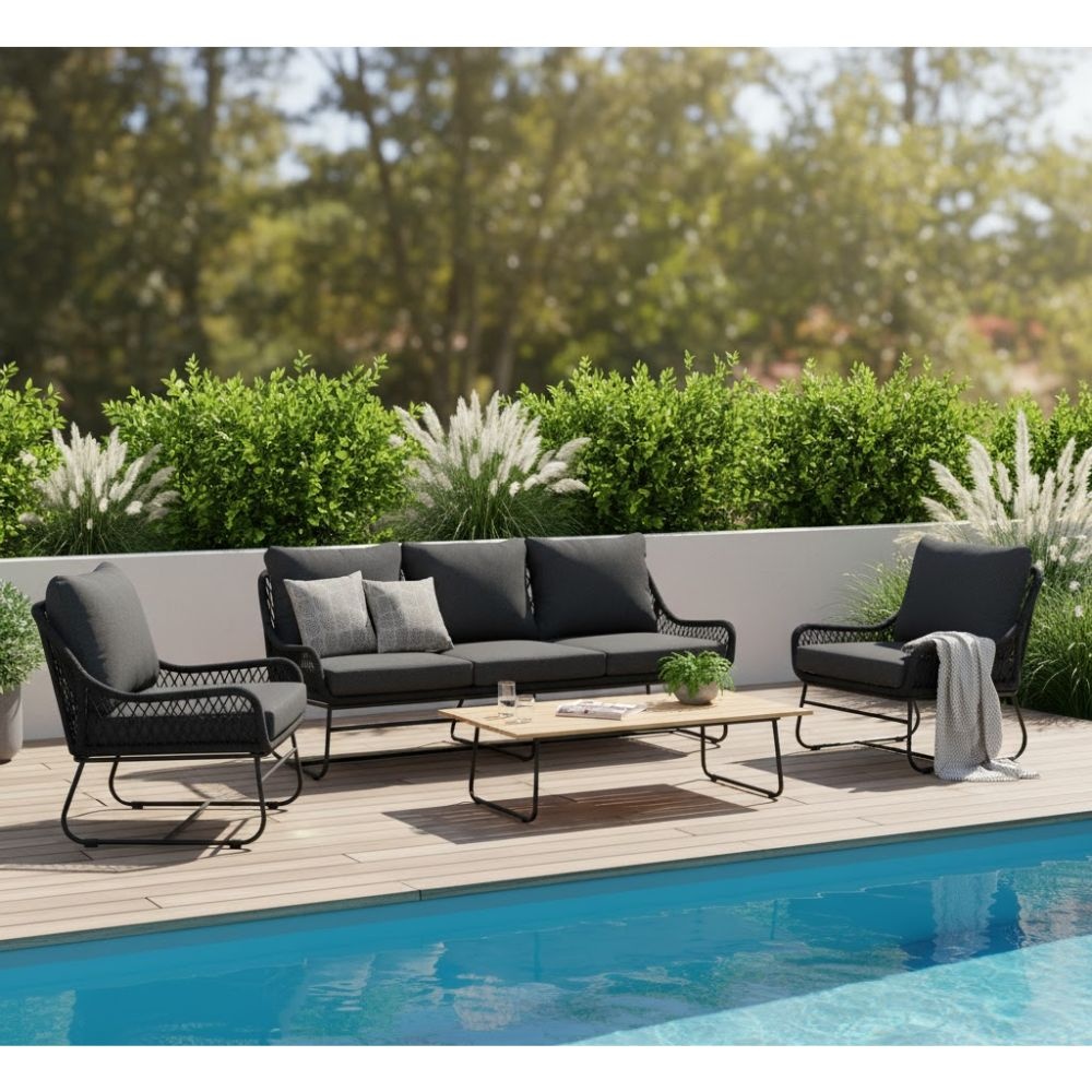 Portofino stoel-bank loungeset 5 personen | aluminium + teakhout | zwart | 4-delig