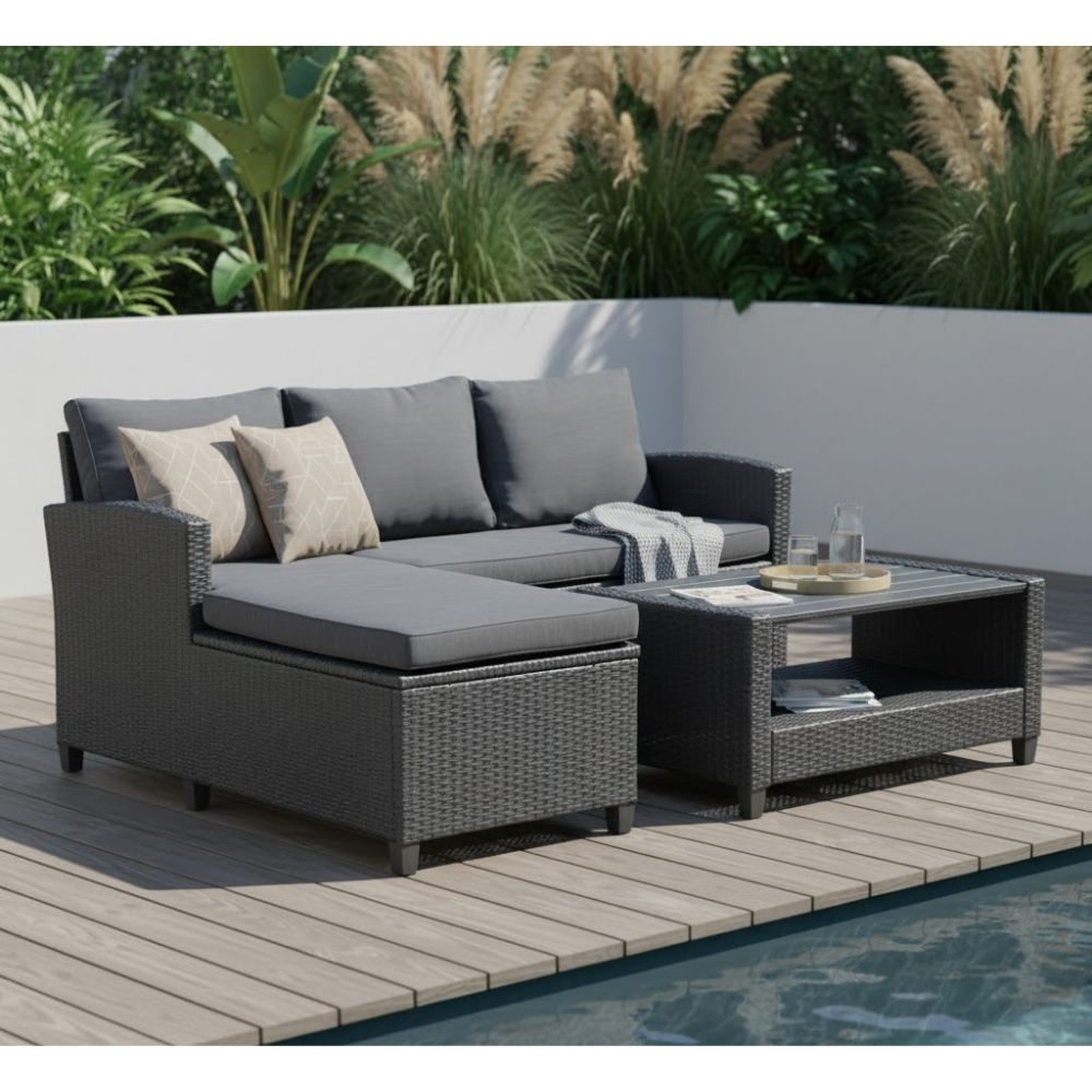 Stockholm chaise longue balkon loungeset 3 personen | wicker | zwart | 3-delig - 185cm