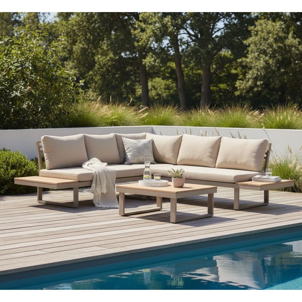 Titan hoek loungeset 4 personen | aluminium + hardhout | beige/Light teaklook | 3-delig - 247x167cm