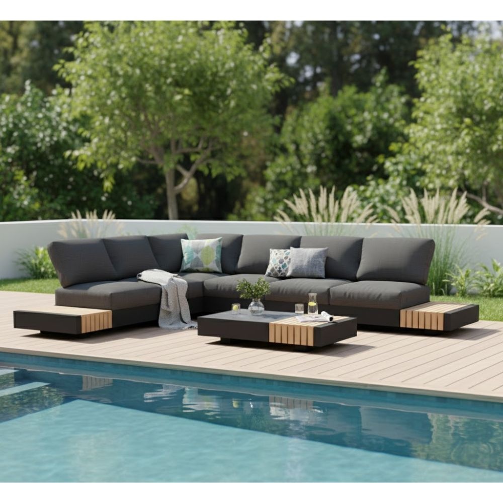 Verona hoek loungeset met all weather kussens 6 personen | aluminium + teakhout | antraciet | 4-delig - 345x275cm