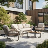 Valencia/Aurora stoel-bank loungeset 5 personen | touw + teakhout | Sahara Dust | 5-delig