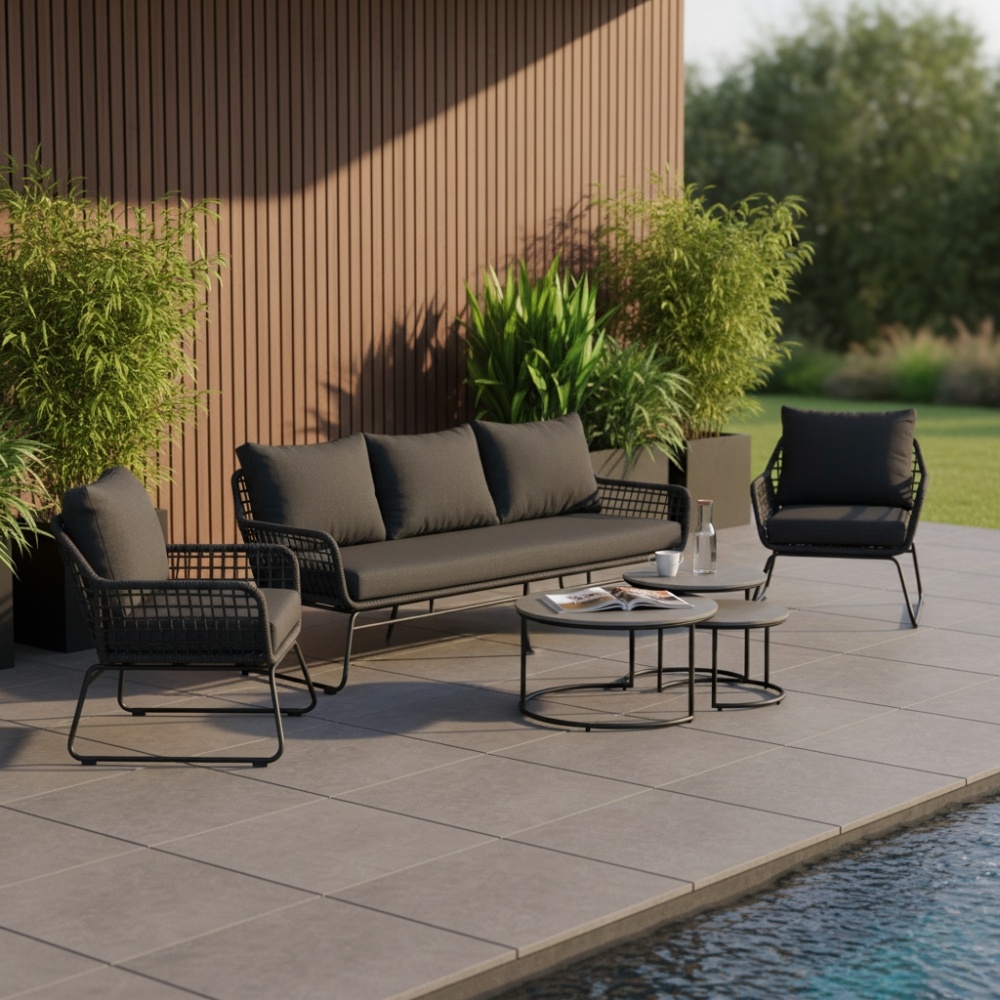 Valencia/Aurora stoel-bank loungeset 5 personen | touw + betonlook | Lava Grey | 5-delig