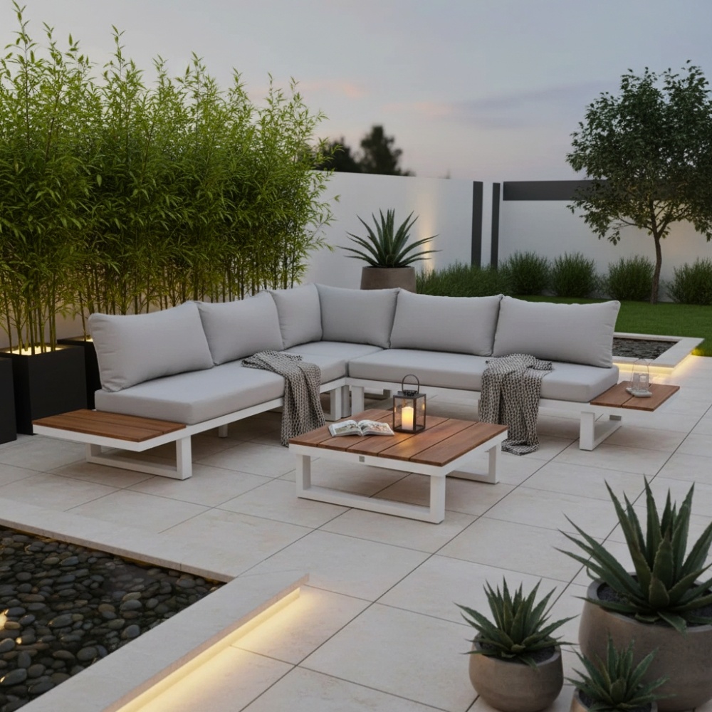 Canyon hoek loungeset 5 personen | aluminium + hardhout | wit/Light Teaklook  | 4-delig - 288x288cm