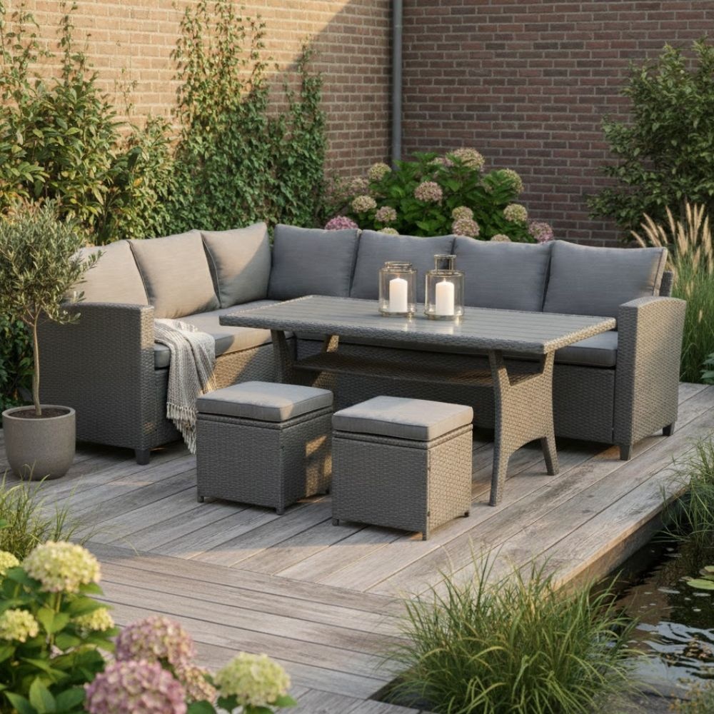 Stockholm dining loungeset met hockers 8 personen | wicker | zwart | 5-delig - 245x169cm