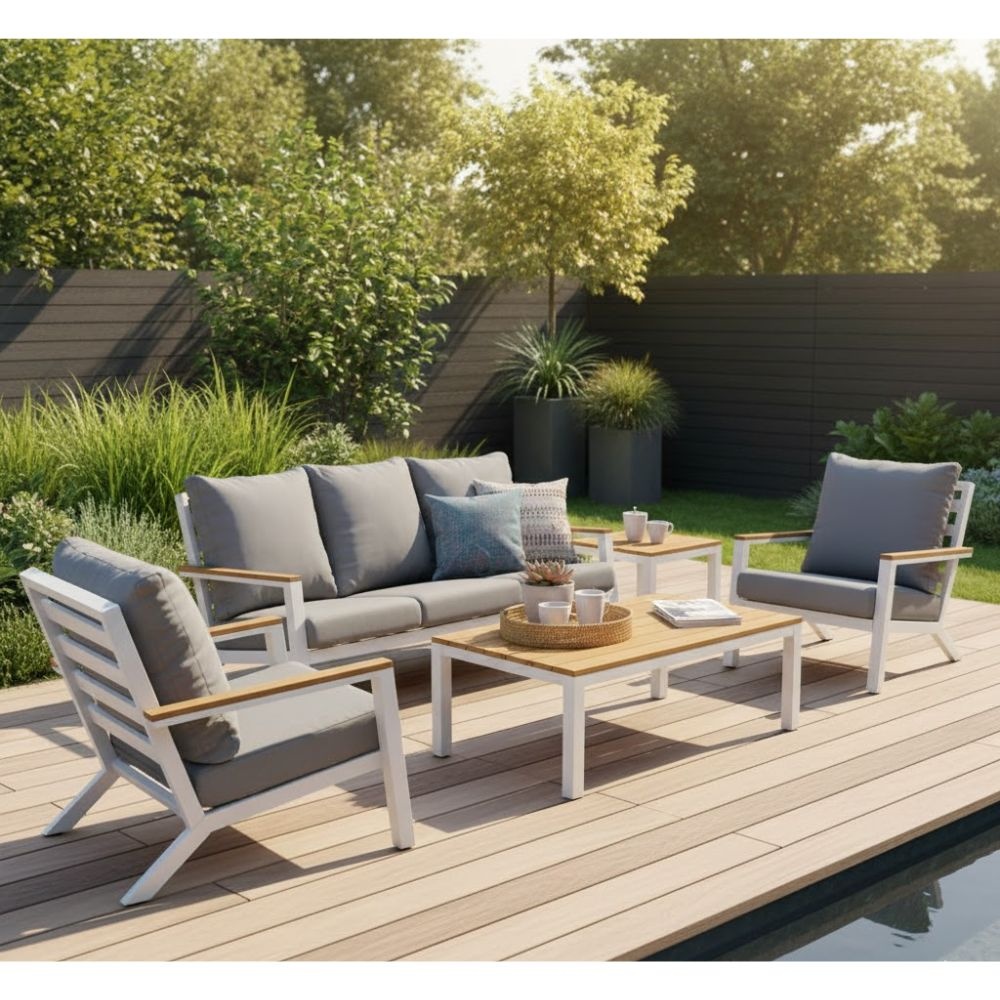 Donnan stoel-bank loungeset 5 personen | aluminium + bamboe | wit | 5-delig