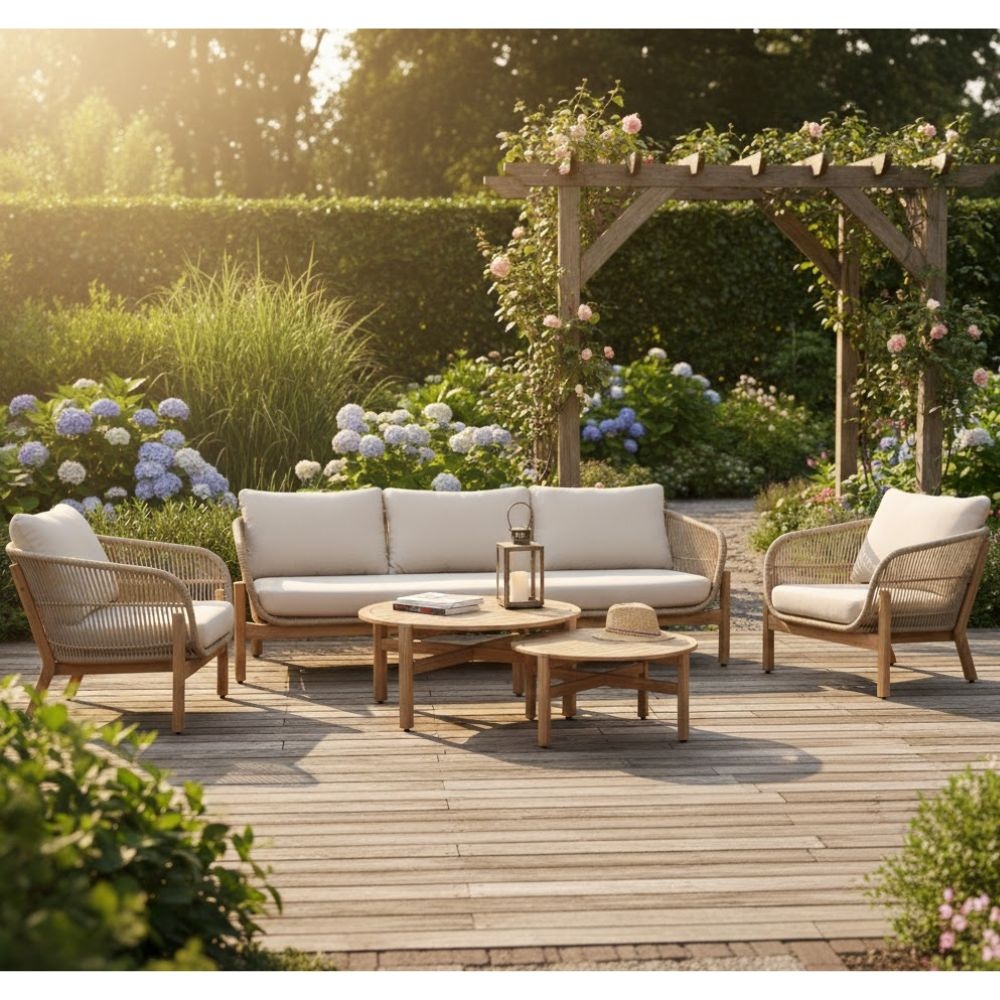 Braga 3-zits tuinbank | touw + hardhout | zand | 214cm