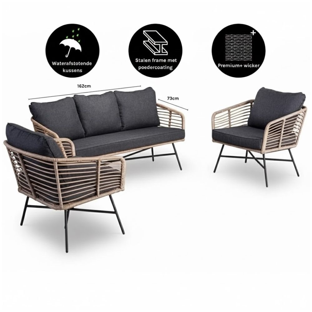 Flow stoel-bank loungeset 5 personen | wicker + betonlook | bamboo antraciet | 3-delig