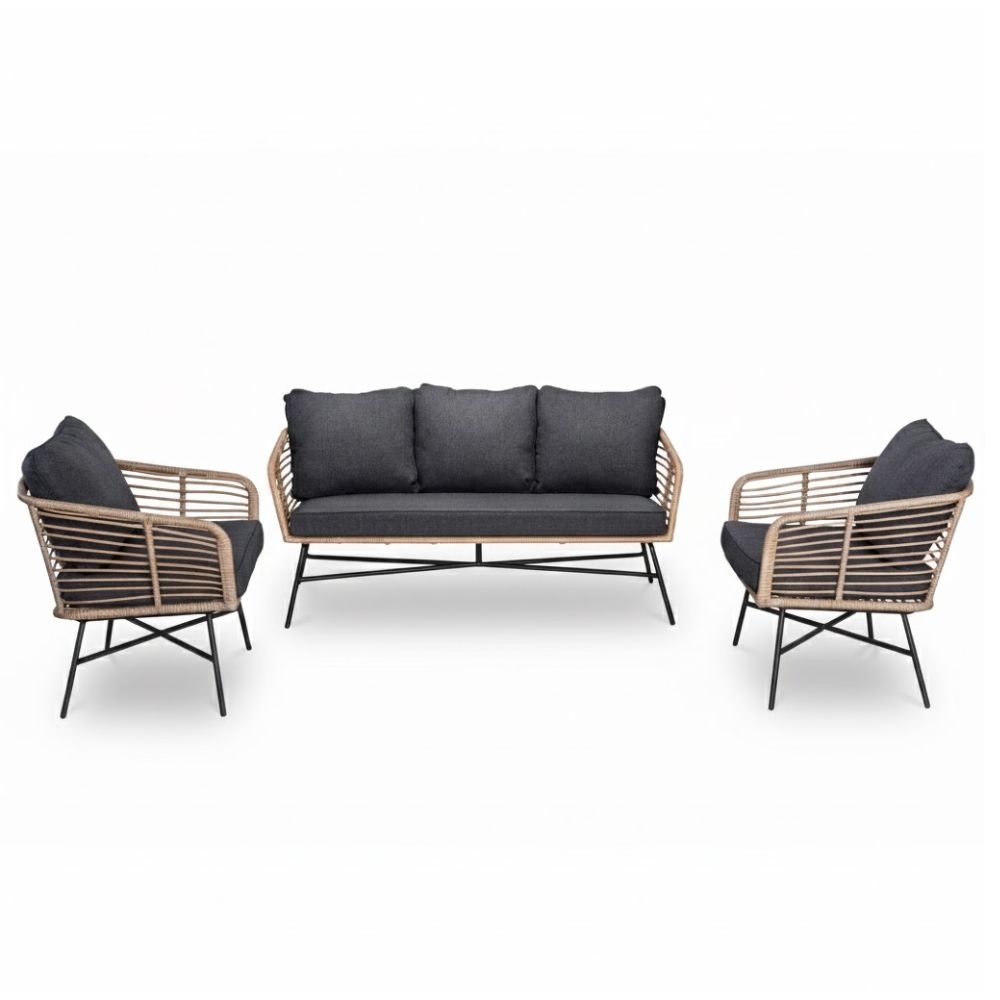 Flow stoel-bank loungeset 5 personen | wicker + betonlook | bamboo antraciet | 3-delig