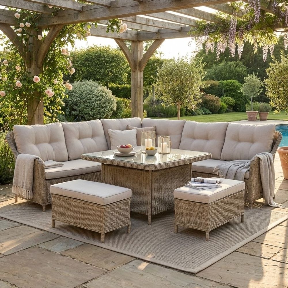 Arizona dining loungeset 7 personen | wicker + aluminium | Royal Sand | 6-delig - 245x245cm
