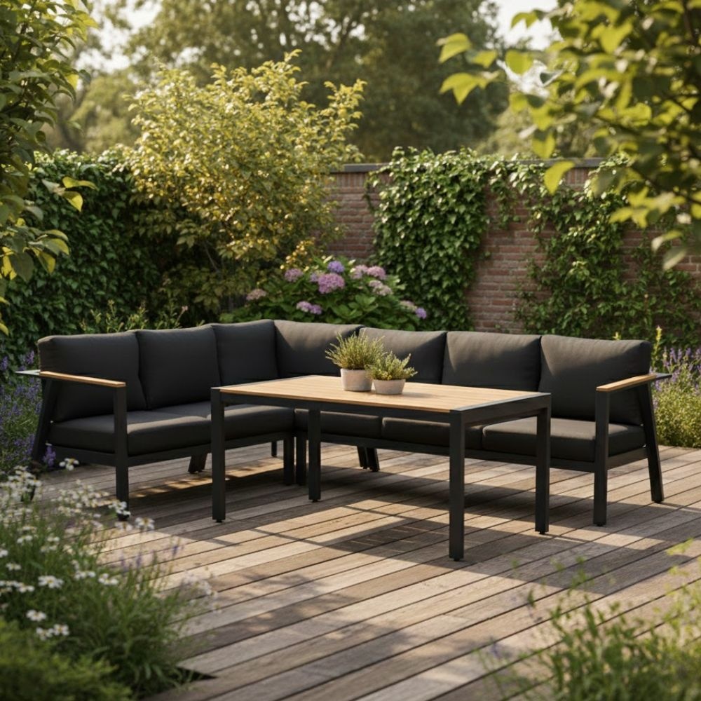 Gerona dining loungeset 6 personen | aluminium + teakhout | antraciet | 4-delig - 263x203cm