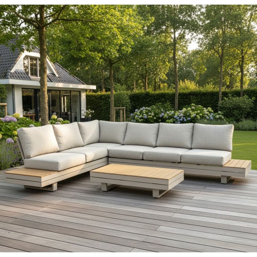 Vegas hoek loungeset-links 6 personen | aluminium + polywood | beige | 4-delig - 311x230cm