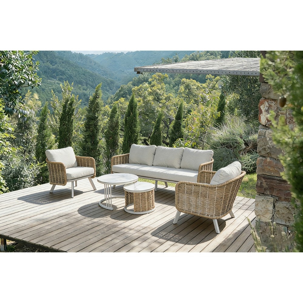 Bologna stoel-bank loungeset 5 personen | wicker + aluminium | beige | 5-delig