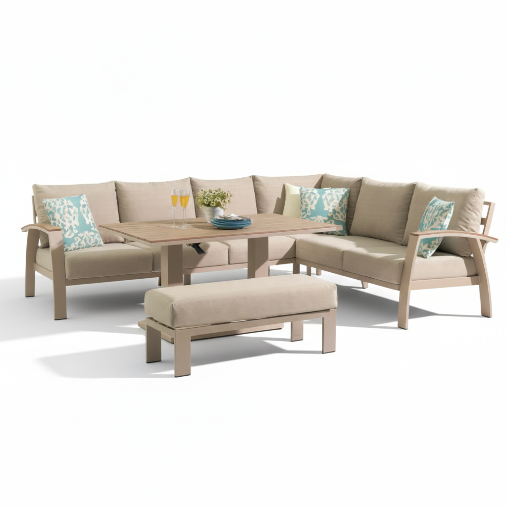 Bordeaux dining loungeset incl. bank 8 personen | aluminium + polywood | beige | 5-delig - 290x225cm