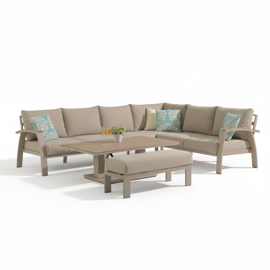 Bordeaux dining loungeset incl. bank 8 personen | aluminium + polywood | beige | 5-delig - 290x225cm