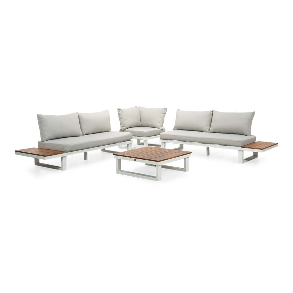 Canyon hoek loungeset 5 personen incl. tafel | aluminium + hardhout | wit/Light Teaklook  | 5-delig