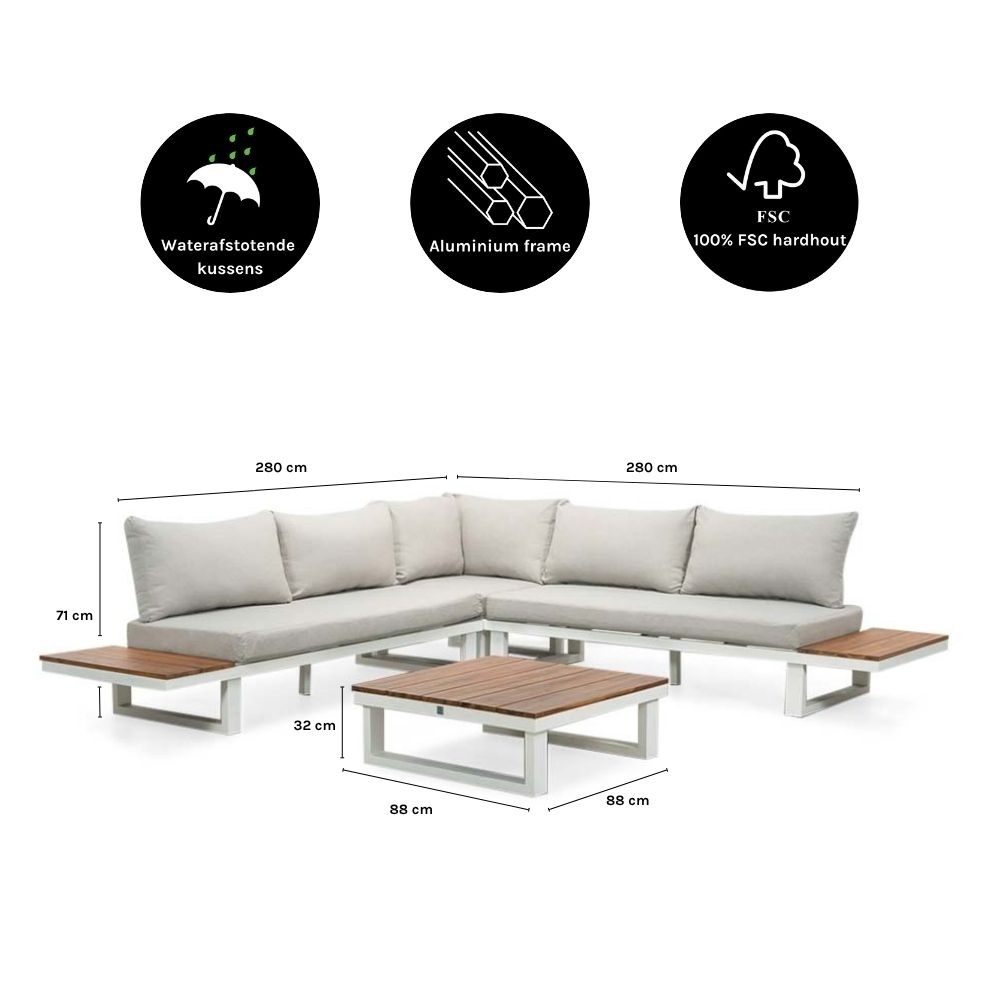 Canyon hoek loungeset 5 personen incl. tafel | aluminium + hardhout | wit/Light Teaklook  | 5-delig