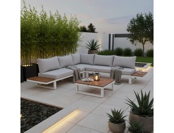 Canyon hoek loungeset 5 personen incl. tafel | aluminium + hardhout | wit/Light Teaklook  | 5-delig