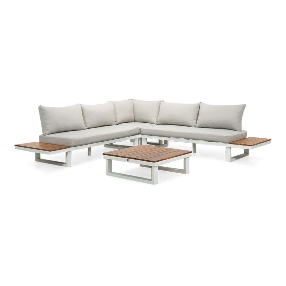 Canyon hoek loungeset 5 personen incl. tafel | aluminium + hardhout | wit/Light Teaklook  | 5-delig