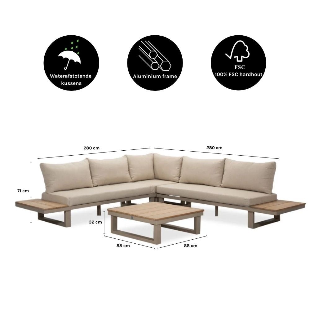 Canyon hoek loungeset 5 personen incl. tafel | aluminium + hardhout | beige | 5-delig - 288x288cm