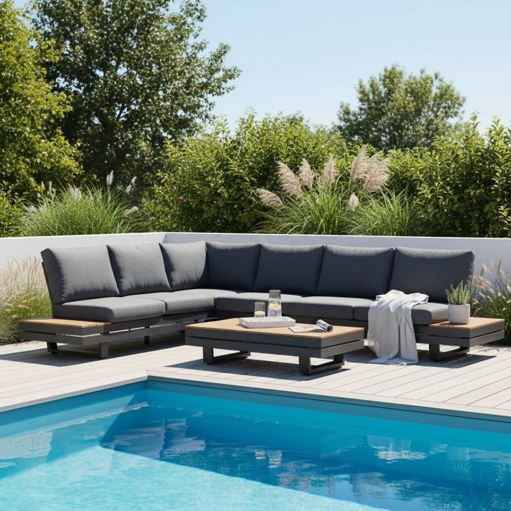 Vegas hoek loungeset-links 6 personen incl. tafel | aluminium + polywood | antraciet | 5-delig