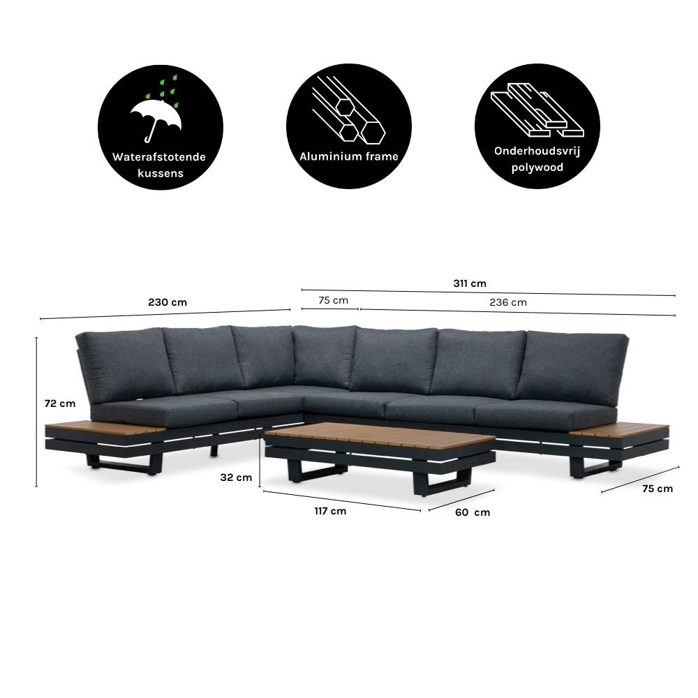Vegas hoek loungeset-links 6 personen incl. tafel | aluminium + polywood | antraciet | 5-delig