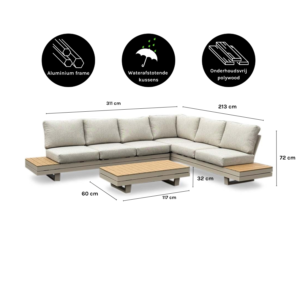 Vegas hoek loungeset-rechts 6 personen incl. tafel | aluminium + polywood | beige | 5-delig