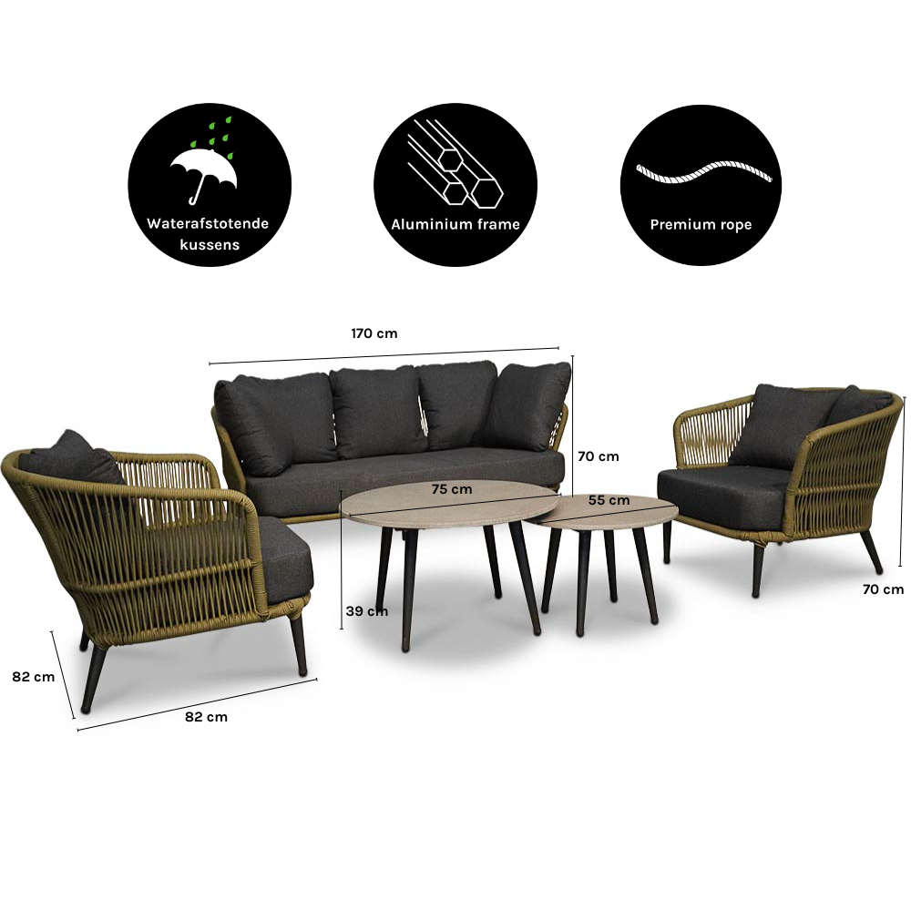Palermo stoel-bank loungeset met betonlook tafel 5 personen | aluminium + touw | olijfgroen | 5-delig