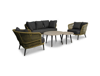 Palermo stoel-bank loungeset met betonlook tafel 5 personen | aluminium + touw | olijfgroen | 5-delig