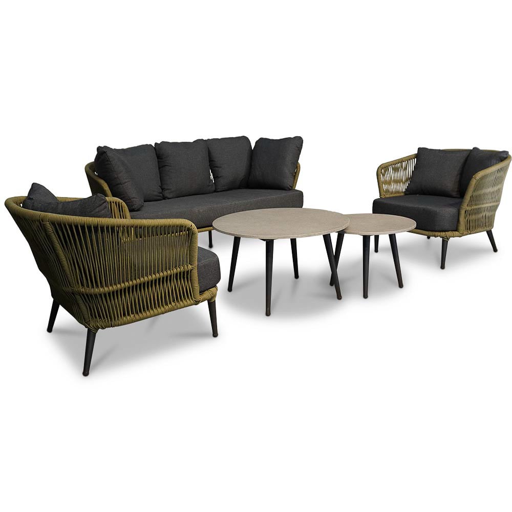 Palermo stoel-bank loungeset met betonlook tafel 5 personen | aluminium + touw | olijfgroen | 5-delig afbeelding