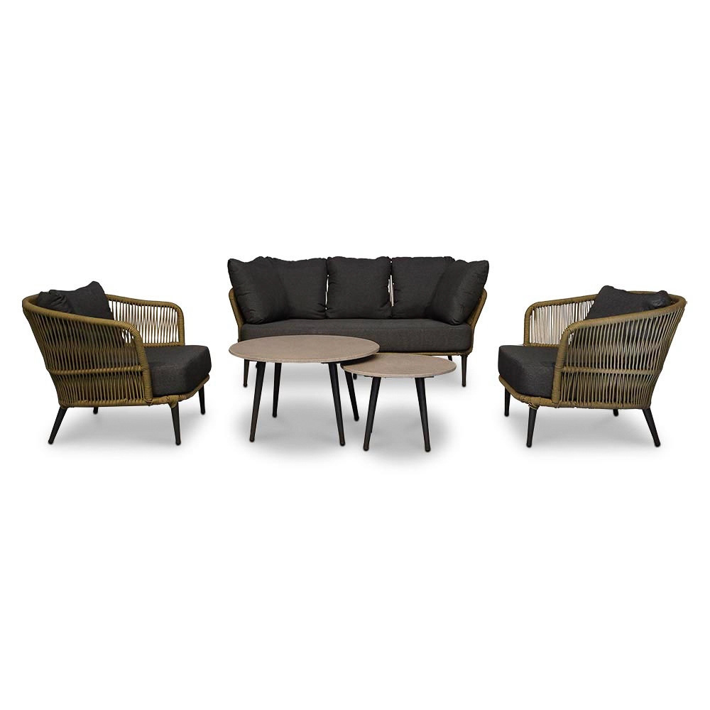 Palermo stoel-bank loungeset met betonlook tafel 5 personen | aluminium + touw | olijfgroen | 5-delig