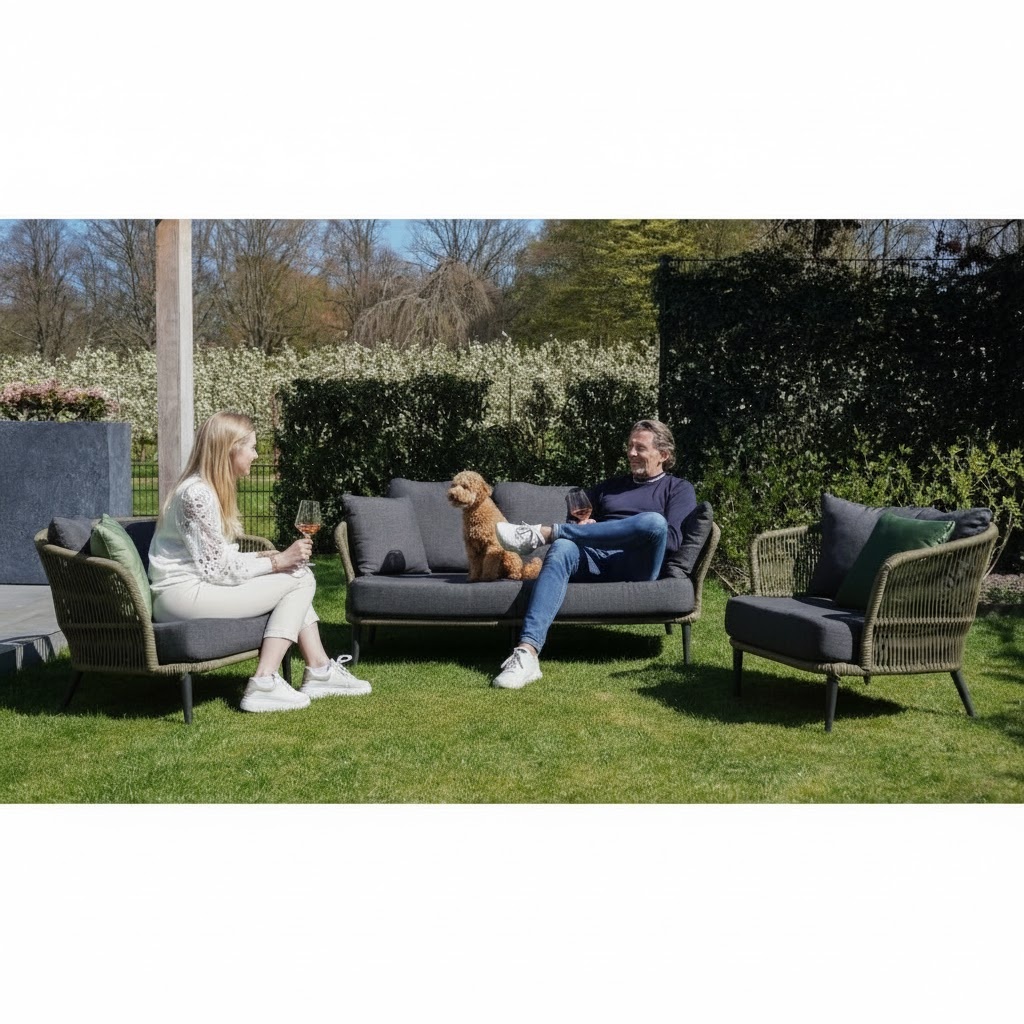 Palermo stoel-bank loungeset 5 personen | aluminium + touw | olijfgroen | 5-delig