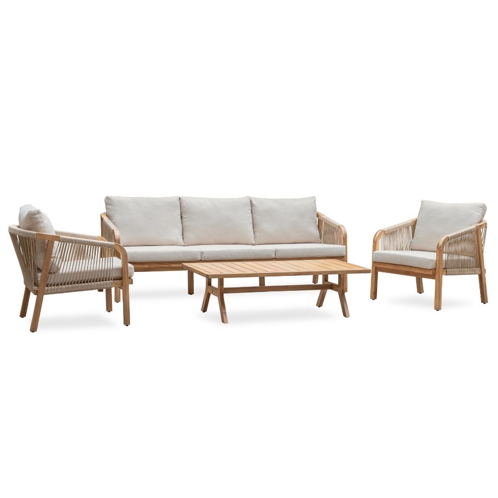 Bergamo stoel-bank loungeset 5 personen incl. tafel 127cm | touw + hardhout | zand | 5-delig afbeelding